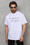 Unisex Bisiklet Yaka Baskılı Oversize T-shirt - Beyaz