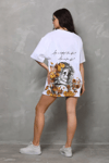 Unisex Bisiklet Yaka Baskılı Oversize T-shirt - Beyaz
