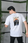 Unisex Bisiklet Yaka Baskılı Oversize T-shirt - Beyaz