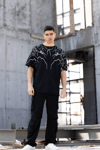 Unisex Bisiklet Yaka Baskılı Oversize T-shirt - Siyah
