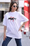 Unisex Bisiklet Yaka Baskılı Oversize T-shirt - Beyaz