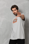 Unisex Bisiklet Yaka Baskılı Oversize T-shirt - Gri
