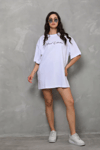 Unisex Bisiklet Yaka Baskılı Oversize T-shirt - Beyaz