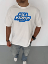 Unisex Bisiklet Yaka Baskılı Oversize T-shirt - Beyaz