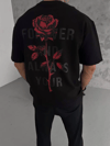 Unisex Bisiklet Yaka Baskılı Oversize T-shirt - Siyah