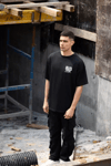 Unisex Bisiklet Yaka Baskılı Oversize T-shirt - Siyah