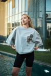 Unisex Bisiklet Yaka Baskılı Oversize T-shirt - Boyalı Gri