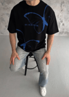 Unisex Bisiklet Yaka Baskılı Oversize T-shirt - Siyah