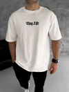 Unisex Bisiklet Yaka Baskılı Oversize T-shirt - Beyaz