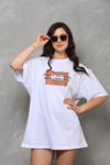 Unisex Bisiklet Yaka Baskılı Oversize T-shirt - Beyaz