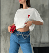 Unisex Bisiklet Yaka Baskılı Oversize T-shirt - Beyaz