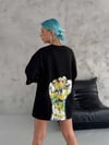Unisex Bisiklet Yaka Baskılı Oversize T-shirt - Siyah