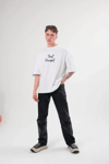 Unisex Bisiklet Yaka Baskılı Oversize T-shirt - Beyaz