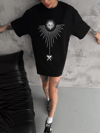 Unisex Bisiklet Yaka Baskılı Oversize T-shirt - Siyah