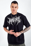 Unisex Bisiklet Yaka Baskılı Oversize T-shirt - Siyah