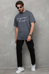 Unisex Bisiklet Yaka Baskılı Oversize T-shirt - Füme