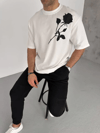Unisex Bisiklet Yaka Baskılı Oversize T-shirt - Beyaz
