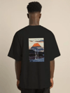 Unisex Bisiklet Yaka Baskılı Oversize T-shirt - Siyah