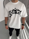 Unisex Bisiklet Yaka Baskılı Oversize T-shirt - Beyaz