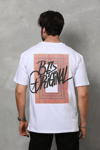 Unisex Bisiklet Yaka Baskılı Oversize T-shirt - Beyaz
