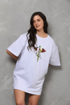 Unisex Bisiklet Yaka Baskılı Oversize T-shirt - Beyaz