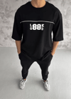 Unisex Bisiklet Yaka Baskılı Oversize T-shirt - Siyah