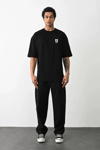 Unisex Bisiklet Yaka Baskılı Oversize T-shirt - Siyah