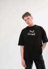 Unisex Bisiklet Yaka Baskılı Oversize T-shirt - Siyah