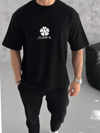 Unisex Bisiklet Yaka Baskılı Oversize T-shirt - Siyah
