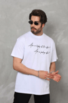 Unisex Bisiklet Yaka Baskılı Oversize T-shirt - Beyaz