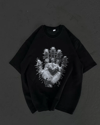 Unisex Bisiklet Yaka Baskılı Oversize T-shirt - Siyah