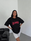 Unisex Bisiklet Yaka Baskılı Oversize T-shirt - Siyah