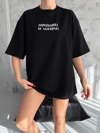 Unisex Bisiklet Yaka Baskılı Oversize T-shirt - Siyah