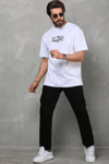 Unisex Bisiklet Yaka Baskılı Oversize T-shirt - Beyaz