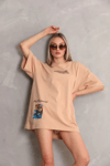 Unisex Bisiklet Yaka Baskılı Oversize T-shirt - Bej