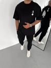 Unisex Bisiklet Yaka Baskılı Oversize T-shirt - Siyah