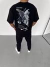 Unisex Bisiklet Yaka Baskılı Oversize T-shirt - Siyah