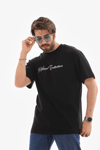 Unisex Bisiklet Yaka Baskılı Oversize T-shirt - Siyah