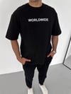 Unisex Bisiklet Yaka Baskılı Oversize T-shirt - Siyah