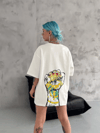Unisex Bisiklet Yaka Baskılı Oversize T-shirt - Beyaz