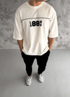 Unisex Bisiklet Yaka Baskılı Oversize T-shirt - Beyaz