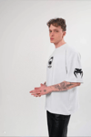 Unisex Bisiklet Yaka Baskılı Oversize T-shirt - Beyaz