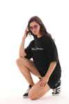 Unisex Bisiklet Yaka Baskılı Oversize T-shirt - Siyah