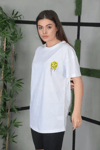 Unisex Bisiklet Yaka Baskılı Oversize T-shirt - Beyaz