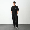 Unisex Bisiklet Yaka Baskılı Oversize T-shirt - Siyah