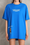 Unisex Bisiklet Yaka Baskılı Oversize T-shirt - Mavi
