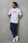 Unisex Bisiklet Yaka Baskılı Oversize T-shirt - Beyaz