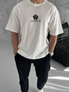 Unisex Bisiklet Yaka Baskılı Oversize T-shirt - Beyaz