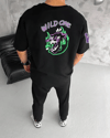 Unisex Bisiklet Yaka Baskılı Oversize T-shirt - Siyah