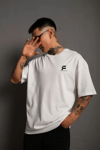 Unisex Bisiklet Yaka Baskılı Oversize T-shirt - Beyaz